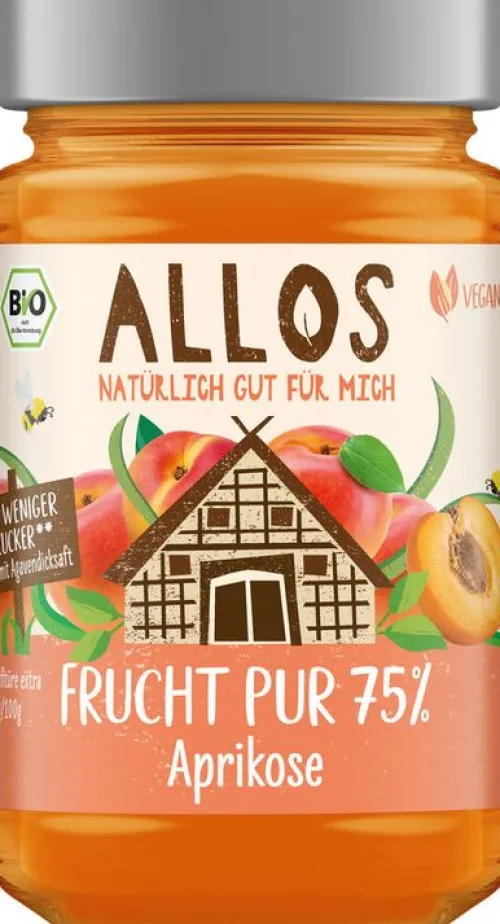 ALLOS Vegane Brotaufstriche|Fruchtaufstriche^- Frucht Pur 75% Aprikose 250g