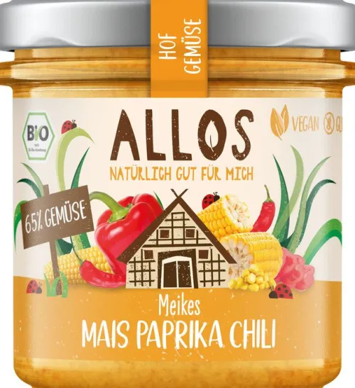 ALLOS Vegane Brotaufstriche|Pikante Brotaufstriche^- Hofgemüse Meikes Mais Paprika Chili bio vegan glutenfrei, 135g