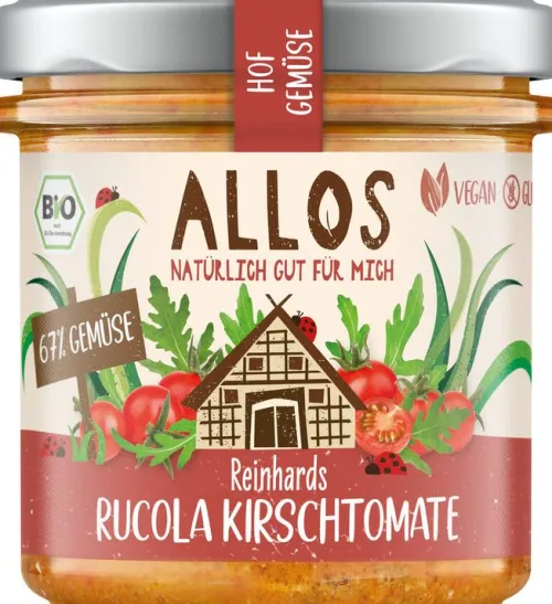 ALLOS Pikante Brotaufstriche|Glutenfreie Lebensmittel^- Hofgemüse Reinhards Rucola Kirschtomate bio 135g