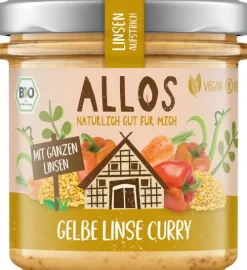 ALLOS Vegane Brotaufstriche|Pikante Brotaufstriche^- Linsen-Aufstrich Gelbe Linsen Curry bio 140g