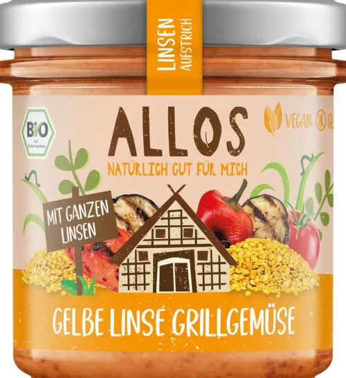 ALLOS Vegane Brotaufstriche|Pikante Brotaufstriche^- Linsen-Aufstrich Gelbe Linse Grillgemüse bio 140g