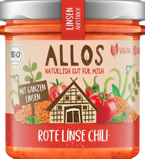 ALLOS Vegane Brotaufstriche|Pikante Brotaufstriche^- Linsen-Aufstrich Rote Linse Chili, bio 140g