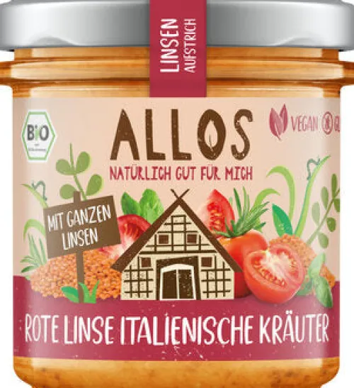 ALLOS Vegane Brotaufstriche|Glutenfreie Lebensmittel^- Linsen-Aufstrich Rote Linse Italienische Kräuter bio vegan 140g