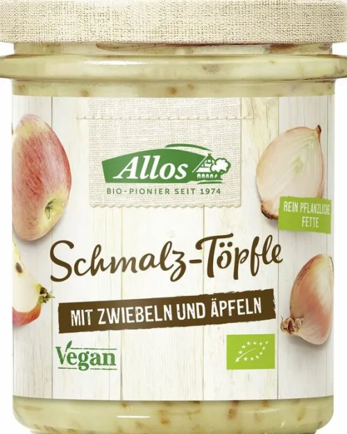 ALLOS Vegane Brotaufstriche|Pikante Brotaufstriche^- Schmalz-Töpfle mit Zwiebeln und Äpfeln, bio 150g