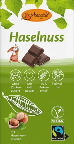 Birkengold GmbH Schokolade|Glutenfreie Lebensmittel^Birkengold - Zartbitter Schokolade mit Nüssen ohne Zuckerzusatz, 100g