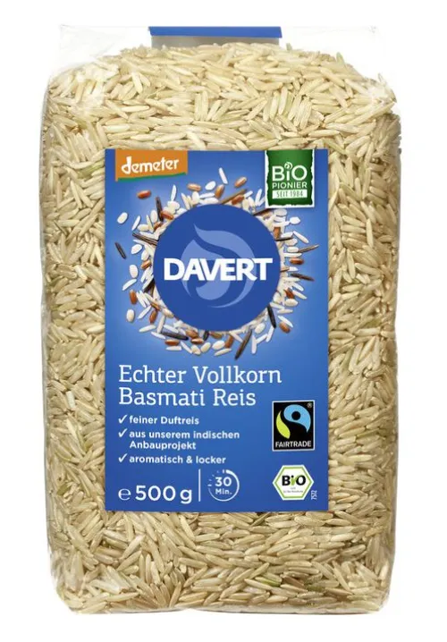 DAVERT Reis|Glutenfreie Lebensmittel^- Demeter Echter Basmati Vollkornreis Fairtrade, 500g