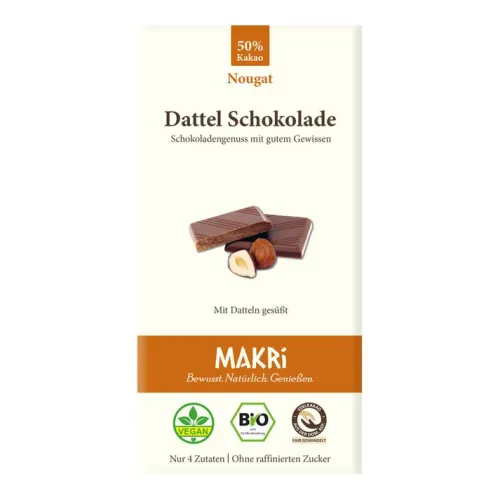 Makri Schokolade|Glutenfreie Lebensmittel^- Bio Dattel Schokolade - Nougat 50%, 85g