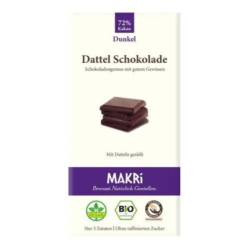 Makri Schokolade|Glutenfreie Lebensmittel^- Bio Dattel Schokolade - Dunkel 72%, 85g