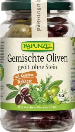 RAPUNZEL Oliven|Glutenfreie Lebensmittel^- Gemischte Oliven mit Kräutern, ohne Stein geölt, 170g