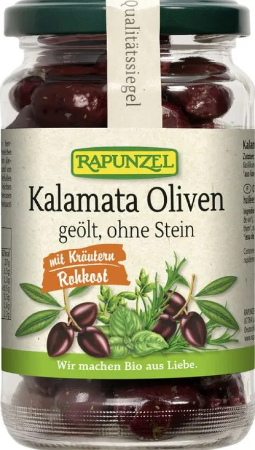 RAPUNZEL Oliven|Glutenfreie Lebensmittel^- Oliven Kalamata mit Kräutern, ohne Stein, geölt, 170g