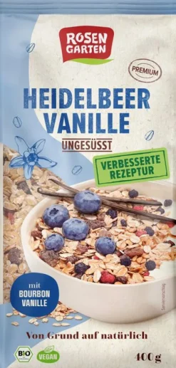 Minderleinsmuehle GmbH & Co. KG Breie & Müsli^Rosengarten - Heidelbeer-Vanille-Müsli ungesüßt, 400g