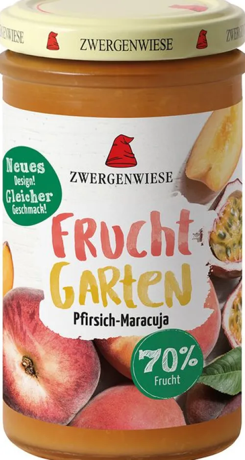 ZWERGENWIESE Fruchtaufstriche|Glutenfreie Lebensmittel^- FruchtGarten Pfirsich-Maracuja bio glutenfrei 225g